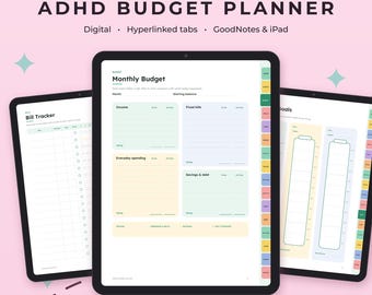 Op de afbeelding: Een digitale ADHD-budgetplanner weergegeven op drie tablets met hyperlinked tabbladen. De schermen tonen een maandbudget, factuurtracker en doelen met pastelkleurige secties. De tekst op de afbeelding luidt ADHD BUDGET PLANNER.
