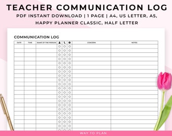 Teacher communication log. Parent communication notebook page. Communication tracker. Contact list. Printable PDF download. Planner insert