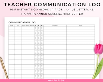 Teacher communication log. Parent communication notebook page. Communication tracker. Contact list. Printable PDF download. Planner insert