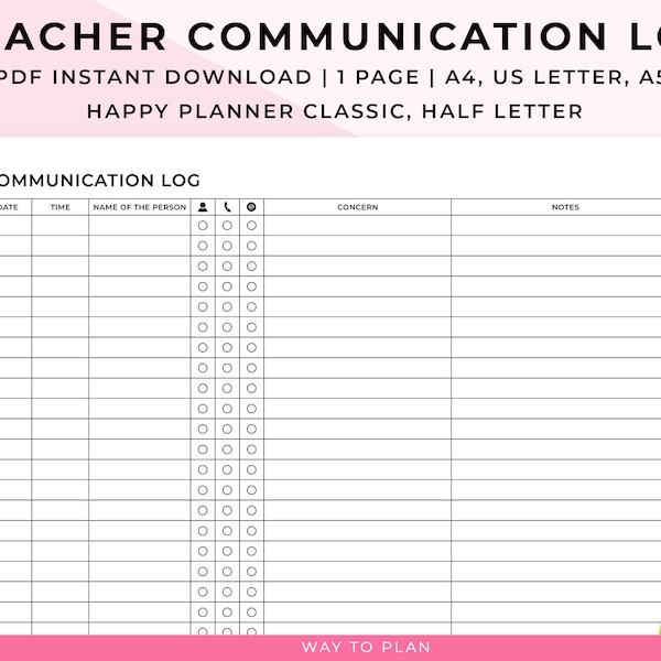 Teacher communication log. Parent communication notebook page. Communication tracker. Contact list. Printable PDF download. Planner insert