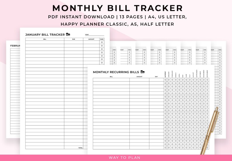Monthly Bill Tracker. Bill Pay Checklist Printable. Recurring Payment Log Yearly. Bill Organizer ...