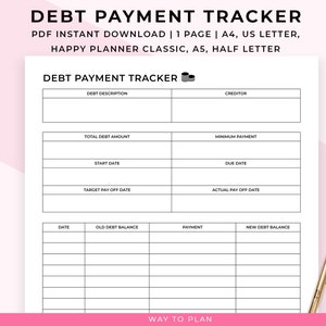 Debt tracker. Debt snowball. Credit card payment. Debt free. Debt payoff tracker. Debt log. Loan payoff. Debt repayment PDF insert