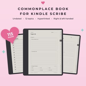 Puede incluir: Un cuaderno digital para Kindle Scribe con 115 páginas, 12 temas y navegación con hipervínculos. La interfaz incluye secciones para el Tema 01, por qué es importante, ideas clave y varias subcategorías con áreas de escritura con líneas.