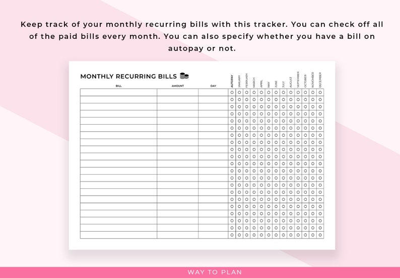 Monthly Bill Tracker. Bill Pay Checklist Printable. Recurring Payment Log Yearly. Bill Organizer ...