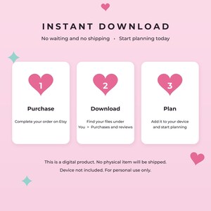 K&ouml;nnte beinhalten: Eine digitale Produktanleitungsgrafik auf hellrosa Hintergrund mit drei wei&szlig;en Rechtecken. Der Text lautet: INSTANT DOWNLOAD, No waiting and no shipping, Start planning today, 1 Purchase, 2 Download, 3 Plan sowie weitere Hinweise.