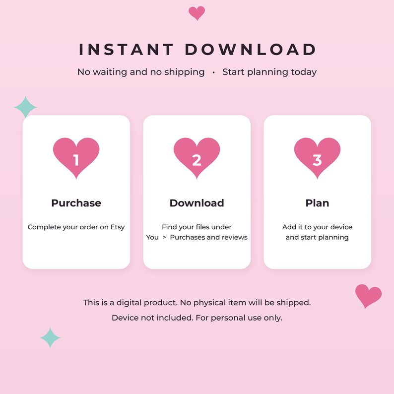 K&ouml;nnte beinhalten: Eine digitale Produktanleitungsgrafik auf hellrosa Hintergrund mit drei wei&szlig;en Rechtecken. Der Text lautet: INSTANT DOWNLOAD, No waiting and no shipping, Start planning today, 1 Purchase, 2 Download, 3 Plan sowie weitere Hinweise.