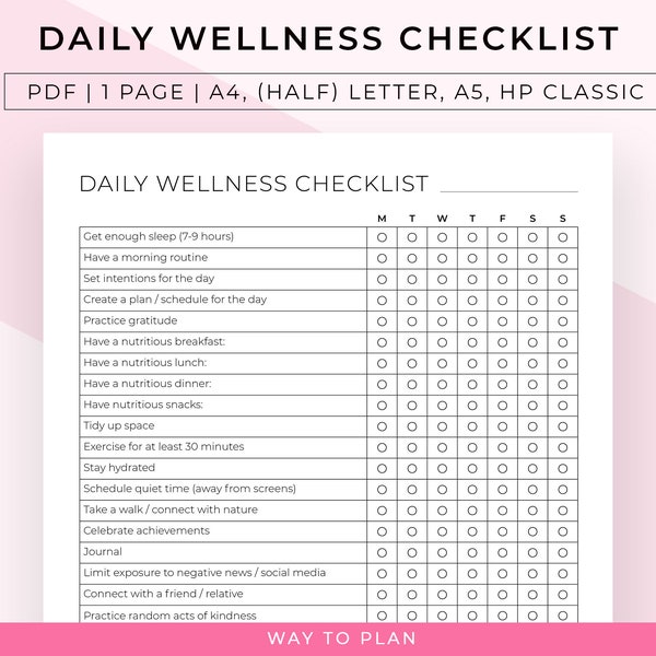 Daily wellness checklist to help you stay on top of your wellness journey step by step