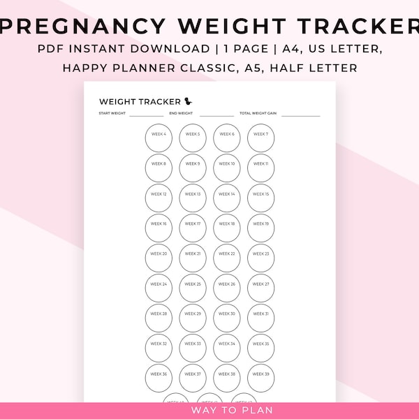 Pregnancy weight gain chart printable. Pregnancy weight tracker. Weekly weigh in. Weight table template. PDF Happy Planner insert A5 A4