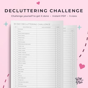 Könnte beinhalten: Eine druckbare 30-Tage-Entrümpelungs-Checkliste mit grauem Hintergrund. Die Checkliste enthält eine Spalte für den Tag, eine Spalte für die Entrümpelungsaufgabe, eine Spalte für Notizen und Motivation und eine Spalte, um Aufgaben als erledigt zu markieren. Die Checkliste enthält Aufgaben wie Junk-Schublade, Speisekammer, Küchenutensilien und -geräte, Küchenschränke, Kühlschrank und Gefrierschrank, Waschküche, Reinigungsmittel, Highstand und Schreibtischschubladen, Schränke, Schlafzimmer, Badezimmer, Wäschekammer, Bücherregal, andere Schränke, Papierkram, Dekor, Kinderspielzeug, Bastel-/Hobbyraum, Abstellraum, Garderobe und Schuhschrank, E-Mail-Posteingang, Fotoalben & Apps und Telefonfotos & Apps.