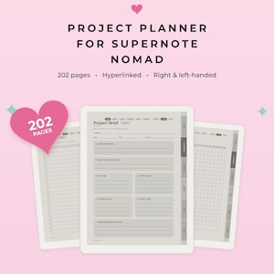 May include: A digital project planner for Supernote Nomad featuring 202 pages, hyperlinked navigation, and a layout for right and left-handed users. The interface displays a Project Brief template with sections for project details, goals, scope, and notes.