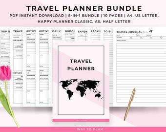 Travel planner. Vacation packing list and itinerary. Travel journal diary notebook. Trip bucket list. Holiday budget planner. Happy planner