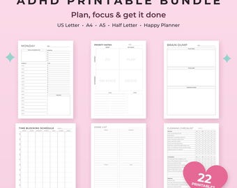 May include: A digital ADHD printable bundle on a light pink background featuring six white planner pages titled Monday, Priority Matrix, Brain Dump, Time Blocking Schedule, Done List, and Cleaning Checklist with 22 printables total.