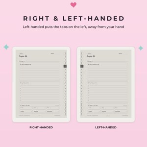 K&ouml;nnte beinhalten: Zwei digitale Planervorlagen auf hellrosa Hintergrund. Der Text lautet RIGHT & LEFT-HANDED und Left-handed puts the tabs on the left, away from your hand. Jede Vorlage enth&auml;lt Topic 01, linierte Notizbereiche und anklickbare Seitenregister.