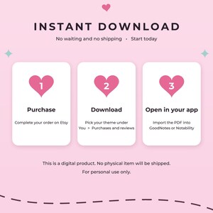 May include: A digital instruction graphic on a light pink background with three white rectangular panels. The text reads: INSTANT DOWNLOAD, No waiting and no shipping, Start today. Steps: 1 Purchase, 2 Download, 3 Open in your app. Includes heart icons.