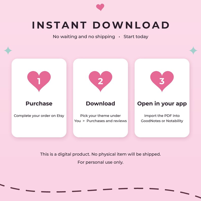 May include: A digital instruction graphic on a light pink background with three white rectangular panels. The text reads: INSTANT DOWNLOAD, No waiting and no shipping, Start today. Steps: 1 Purchase, 2 Download, 3 Open in your app. Includes heart icons.