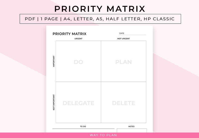 May include: A black and white printable priority matrix with the words "PRIORITY MATRIX", "URGENT", "NOT URGENT", "IMPORTANT", "NOT IMPORTANT", "DO", "PLAN", "DELEGATE", "DELETE", "TO DO", "NOTES", and "WAY TO PLAN".