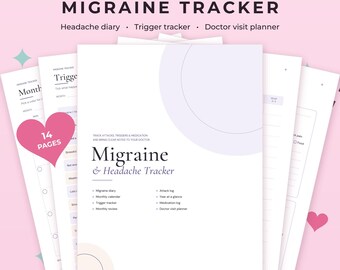 Może przedstawiać: 14-stronicowy zestaw do śledzenia migreny z okładką zatytułowaną Migraine & Headache Tracker, zawierający sekcje na dziennik, śledzenie wyzwalaczy oraz planer wizyt lekarskich z listami leków i dziennikami ataków.