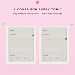K&ouml;nnte beinhalten: Zwei digitale Planerseiten auf hellrosa Hintergrund. Der Text lautet A COVER FOR EVERY TOPIC, Why it matters and key ideas und Tap to open each page. Jede Seite enth&auml;lt Abschnitte f&uuml;r Topic 01 und Topic 03 mit linierten Schreibbereichen.