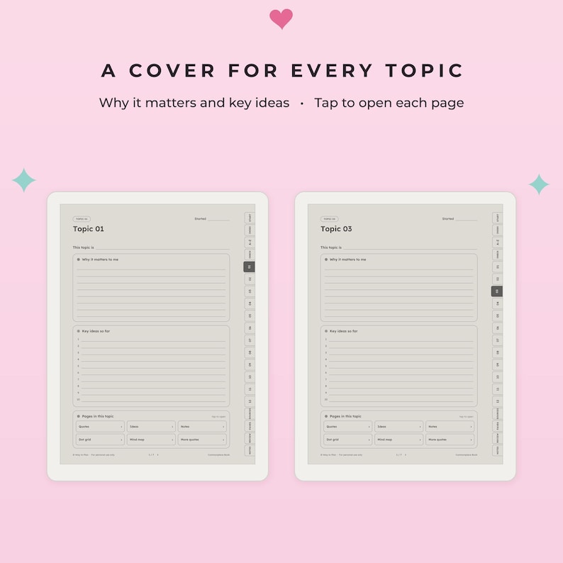 K&ouml;nnte beinhalten: Zwei digitale Planerseiten auf hellrosa Hintergrund. Der Text lautet A COVER FOR EVERY TOPIC, Why it matters and key ideas und Tap to open each page. Jede Seite enth&auml;lt Abschnitte f&uuml;r Topic 01 und Topic 03 mit linierten Schreibbereichen.