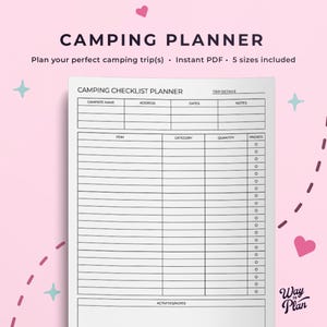 Camping Checkliste, druckbare Packliste & Camping Planer, Ausrüstung, Aktivitäten, Ausrüstung Organizer
