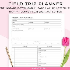 Field trip planner for teachers. Printable school outing activities planner. Group outing ideas. Homeschool trips. PDF download A5 A4 Letter