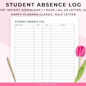 Meldezettel. Schüler-Abwesenheits-Tracker für Lehrer. Fehltagebuch. Druckbare PDF Vorlage. Happy Planner Einlage, A5, A4, US Letter