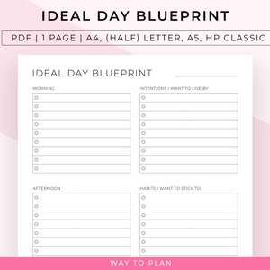 May include: A printable planner page with the title "Ideal Day Blueprint". The page is divided into four sections: Morning, Intentions I Want to Live By, Afternoon, and Habits I Want to Stick To. Each section has a list of blank lines for writing.