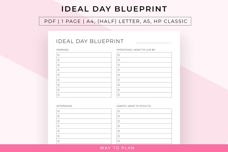 May include: A printable planner page with the title "Ideal Day Blueprint". The page is divided into four sections: Morning, Intentions I Want to Live By, Afternoon, and Habits I Want to Stick To. Each section has a list of blank lines for writing.