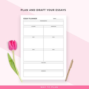 May include: An essay planner with a white background and black lines, featuring sections for key points, introduction, and drafts. A pink tulip and a gold pen are placed on the side. Text at the top reads "PLAN AND DRAFT YOUR ESSAYS".