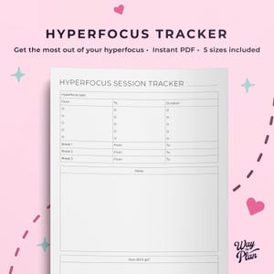 Op de afbeelding: Een printbare hyperfocus-sessietracker met secties voor hyperfocus-taak, van, tot, duur, pauze 1, pauze 2, pauze 3, notities en hoe ging het? De tracker heeft een witte achtergrond met zwarte tekst en lijnen. De tekst "Way to Plan" staat in de rechterbenedenhoek van de pagina.