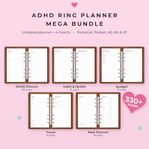 Può includere: ADHD Ring Planner Mega Bundle con un'agenda non datata e 4 inserti nei formati Personal, Pocket, A5, A6 e A7. Il set include oltre 330 pagine suddivise nelle sezioni ADHD, Habit & Health, Budget, Travel e Meal Planner.