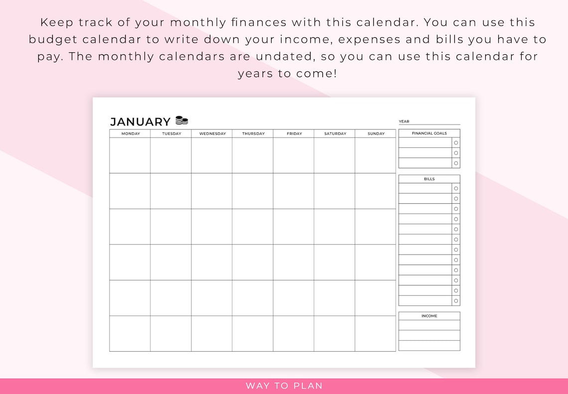 Monthly Budget Calendar Printable. Personal Finance Calendar. Bill Payment Calendar. Financial ...