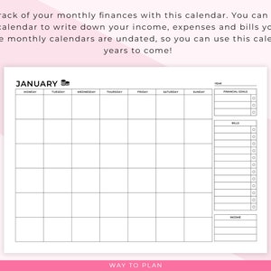 Monthly Budget Calendar Printable. Personal Finance Calendar. Bill Payment Calendar. Financial ...