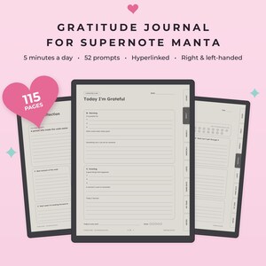 Supernote Manta Template, Gratitude Journal, 5 Minute Journal, Guided Daily Journal with 52 Prompts, Hyperlinked