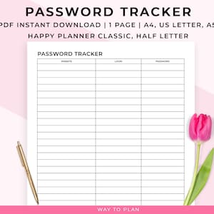 Password tracker. Password organizer logbook keeper. Password list sheet. PDF download. Happy Planner insert A5 A4 Letter
