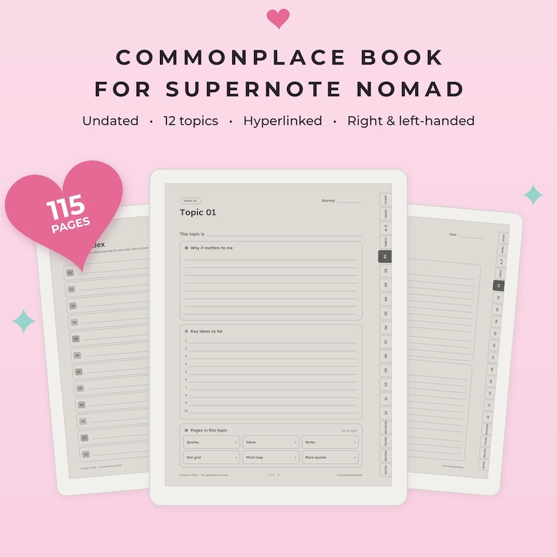 K&ouml;nnte beinhalten: Ein digitales Notizbuch f&uuml;r Supernote Nomad mit 115 Seiten, 12 Themen und Hyperlink-Navigation. Das Layout enth&auml;lt undatierte Vorlagen f&uuml;r Rechts- und Linksh&auml;nder mit Bereichen f&uuml;r Themennotizen, Kernideen und verschiedene Seitenkategorien.