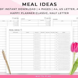 Könnte beinhalten: Druckbarer Speiseplan mit vier Seiten, darunter Frühstück, Mittagessen, Abendessen und eine Seite mit Rezeptideen. Der Planer ist für die Formate A4, US Letter, A5 und Half Letter konzipiert. Der Planer hat ein Schwarzweiß-Design mit einer schlichten, modernen Ästhetik.