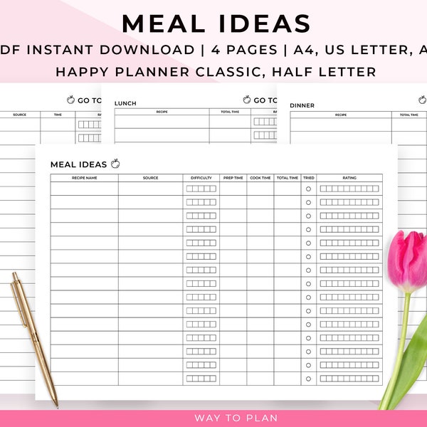 Meal ideas printable template. Family favorite meals. Dinner ideas list. Recipes to try. Go to meals. Meal inspiration planner insert. PDF
