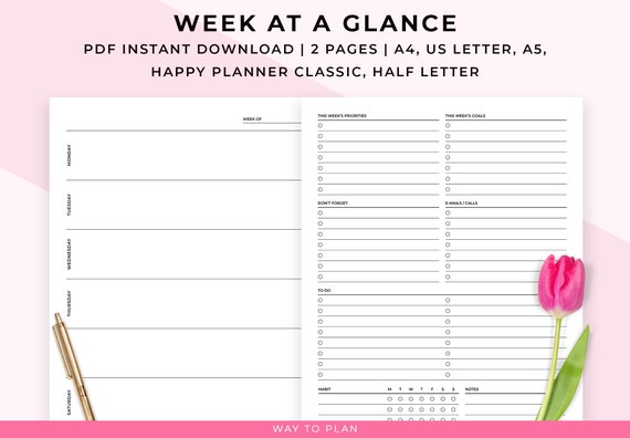 week at a glance, week on 2 pages, weekly planner pdf, weekly to do list, A4, A5, letter, happy planner insert