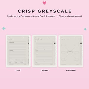 K&ouml;nnte beinhalten: Digitale Planervorlagen f&uuml;r den E-Ink-Bildschirm des Supernote Nomad mit dem Titel CRISP GREYSCALE. Drei Layouts werden angezeigt: Topic mit linierten Bereichen, Quotes & Highlights mit Notizfeldern und eine Mind Map mit zentralem Knoten.