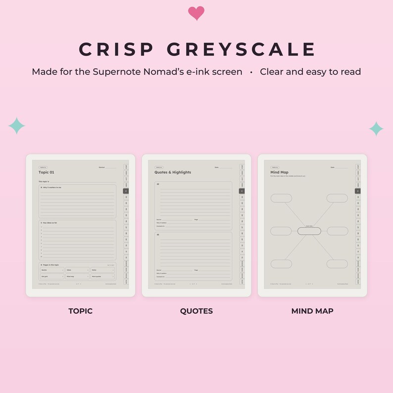 K&ouml;nnte beinhalten: Digitale Planervorlagen f&uuml;r den E-Ink-Bildschirm des Supernote Nomad mit dem Titel CRISP GREYSCALE. Drei Layouts werden angezeigt: Topic mit linierten Bereichen, Quotes & Highlights mit Notizfeldern und eine Mind Map mit zentralem Knoten.