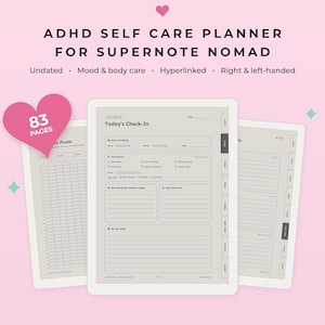 Könnte beinhalten: ADHS Selbstpflege-Planer für Supernote Nomad mit 83 Seiten. Der digitale Planer enthält ein Layout für tägliche Check-ins mit Bereichen für Stimmung, Energie, Schlaf und Notizen. Ausgestattet mit verlinkten Registerkarten.