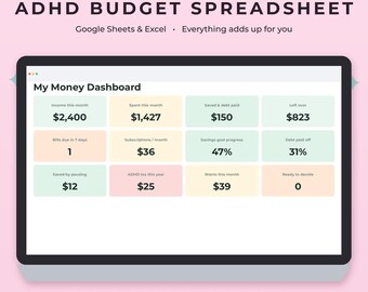 May include: A digital ADHD budget spreadsheet displayed on a screen, featuring a My Money Dashboard with colorful rectangular boxes for income, spending, savings, and debt. Text includes ADHD BUDGET SPREADSHEET, Google Sheets & Excel, and categories like Bills, Subscriptions, Savings, and Pause list.