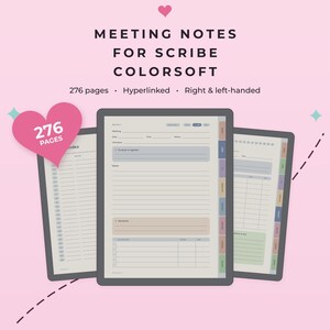May include: Digital meeting notes planner for Scribe Colorsoft with 276 pages, hyperlinked tabs, and a layout for right and left-handed users. The interface features sections for meeting details, purpose, agenda, notes, decisions, and action items.