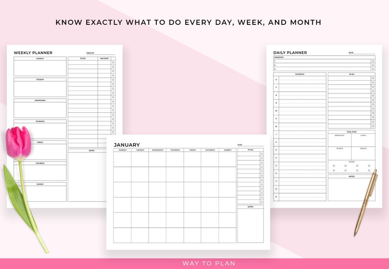 May include: Three printable planner pages: a weekly planner, a monthly calendar for January, and a daily planner. The pages are black and white with a simple design.