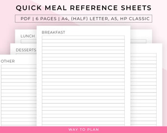 Quick meal reference sheets for meals that take less than 30 minutes