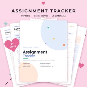 Peut inclure: Un ensemble de documents imprimables de suivi des devoirs comprenant 14 pages en trois thèmes de couleurs pour les formats US Letter et A4. La page de couverture affiche le texte Assignment Tracker, Write It, Track It, Turn It In.