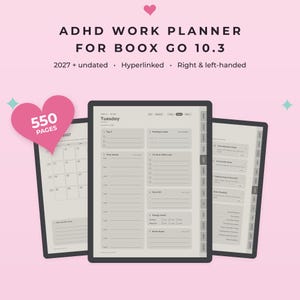 Può includere: Pianificatore di lavoro ADHD per Boox Go 10.3 con 550 pagine, layout 2027 e non datati, schede con collegamenti ipertestuali e opzioni per destrorsi e mancini. L'interfaccia mostra un programma giornaliero, liste di cose da fare e sezioni di controllo.