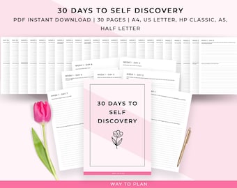 Self Discovery Journal. Guided journal prompts for self love and self care. Reflection worksheets for mindfulness and self improvement