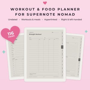 Könnte beinhalten: Ein digitaler Trainings- und Ernährungsplaner für Supernote Nomad mit 116 Seiten. Die Benutzeroberfläche enthält verlinkte Reiter für Workouts und Mahlzeiten, geeignet für Rechts- und Linkshänder. Zeigt eine Vorlage für Krafttraining.